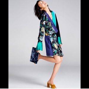 DVF Diane Von Furstenberg Blue Green Silk Dress Long Sleeve